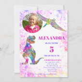 Girls T Rex 5e anniversaire Photo Pink Invitation (Devant)
