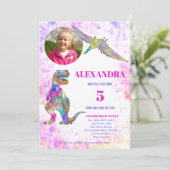 Girls T Rex 5e anniversaire Photo Pink Invitation (Debout devant)