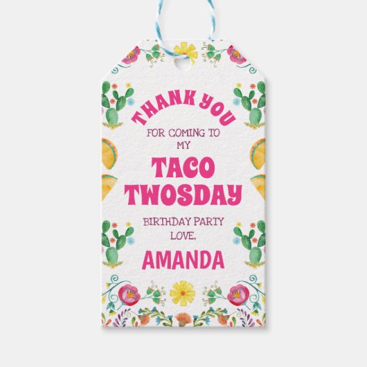 Girls Taco Twosday Floral Fiesta 2e verjaardag Cadeaulabel (Voorkant)