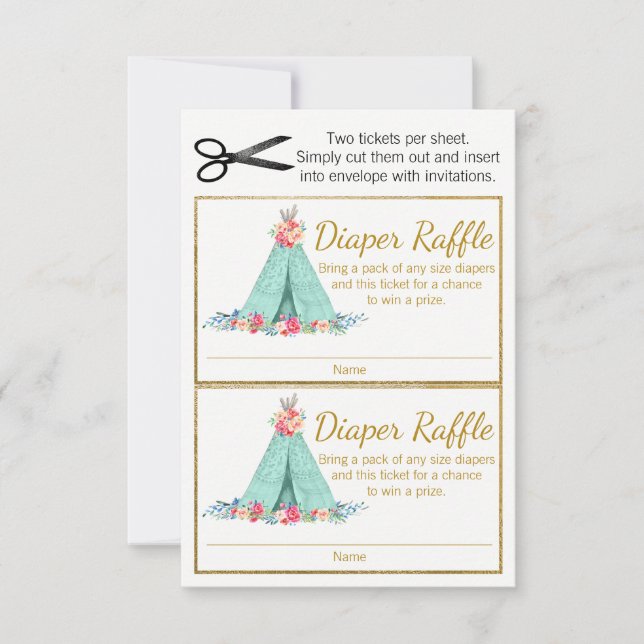 Girls TeePee Diaper Raffle Tickets (Voorkant)