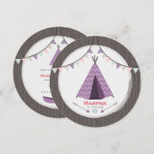 Girls Tipi Birthday Party Round nodigt roze Paars Kaart (Voorkant / Achterkant)