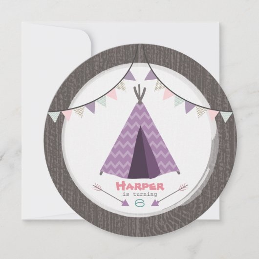 Girls Tipi Birthday Party Round nodigt roze Paars Kaart (Voorkant)