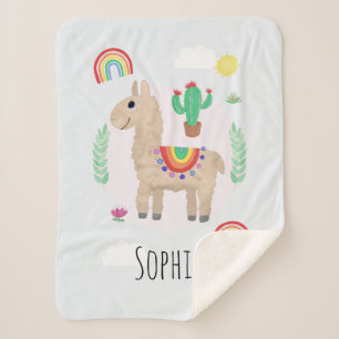 Girls Trendy and Modern Rainbow Llama Alpaca Sherpa Deken