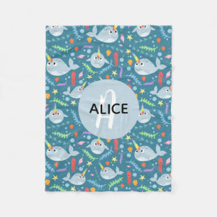 Girls Trendy Narwhal Pattern Monogram & Name Kinde Fleece Deken