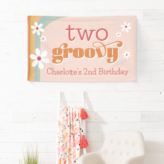 Girl's twee Groovy Retro Daisies 2e verjaardag Spandoek (Insitu)