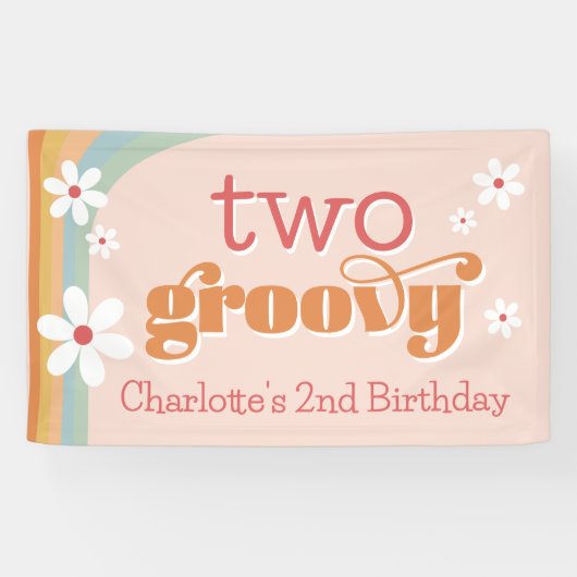 Girl's twee Groovy Retro Daisies 2e verjaardag Spandoek (Horizontaal)