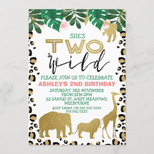 Girls Two Wild Second Birthday Invitation Kaart