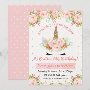 Girls Unicorn Birthday Invitation Kaart
