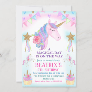 Girls Unicorn Cake Stars Birthday Uitnodiging