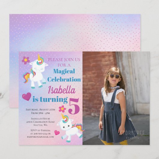 Girls Unicorn Photo Anniversaire Invitation (Devant / Derrière)