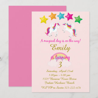 Girl's Unicorn Verjaardag Uitnodiging, Roze & Goud Kaart
