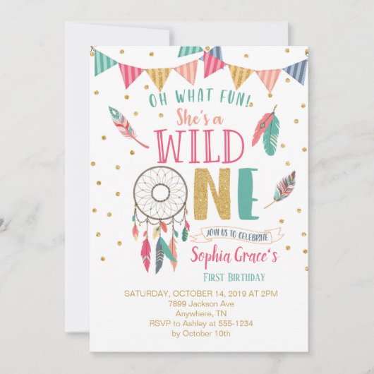 Girls Wild One First Birthday Invitation Kaart (Voorkant)