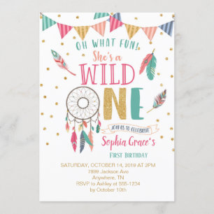Girls Wild One First Birthday Invitation Kaart