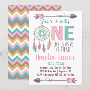 Girls Wild One First Birthday Invitation Kaart