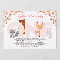 Girls Woodland Animals 1e verjaardag Uitnodiging