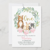 Girls Woodland Wreath First Birthday Invitation (Devant)