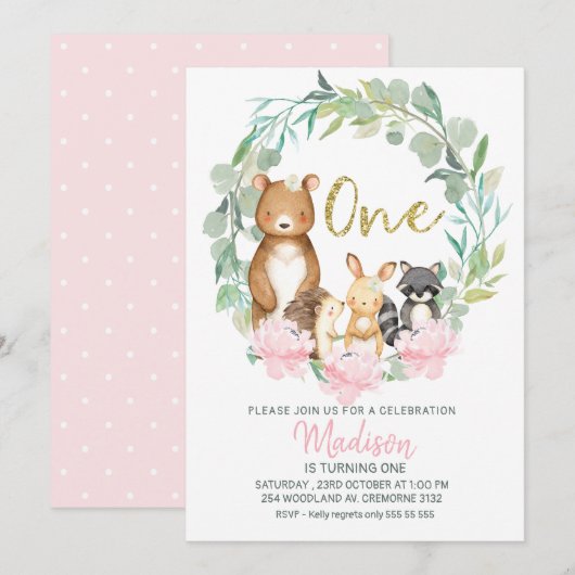 Girls Woodland Wreath First Birthday Invitation (Devant / Derrière)