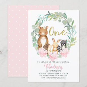 Girls Woodland Wreath First Birthday Invitation Kaart