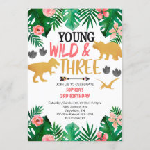 Girl's Young Wild & Three Dinosaur 3e verjaardag