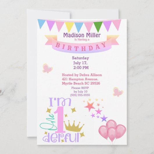 Girly 1and Wonderful Birthday Party Kaart (Voorkant)