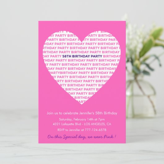 Girly 58e verjaardag uitnodiging Girl Heart Pink (Staand voorkant)