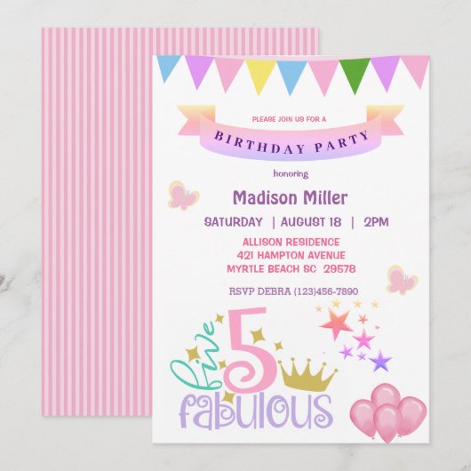 Girly 5 en Fabulous Birthday Party Kaart (Voorkant / Achterkant)