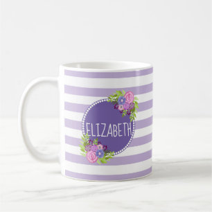 Girly Abstract Bloemen Paarse Strepen Monogram Naa Koffiemok