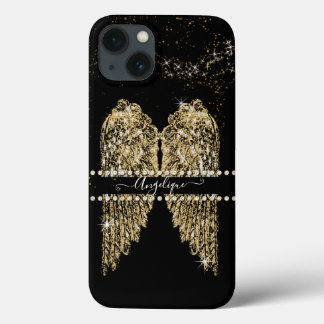 Girly Angel Wings Gold Sparkle Diamond Jewels Chic iPhone 13 Hoesje
