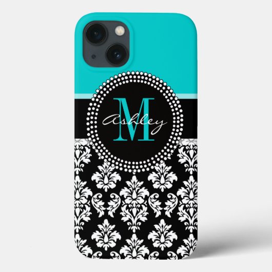 Girly Aqua Black Damask Your Monogram Name Case-Mate iPhone Case (Achterkant)