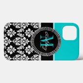 Girly Aqua Black Damask Your Monogram Name Case-Mate iPhone Case (Achterkant (horizontaal))