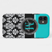 Girly Aqua Black Damask Your Monogram Name Case-Mate iPhone Case (Achterkant (horizontaal))