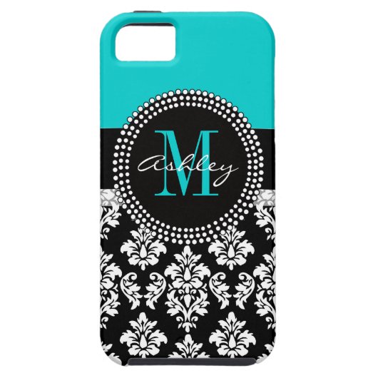 Girly Aqua Black Damask Your Monogram Name Case-Mate iPhone Case (Achterkant)