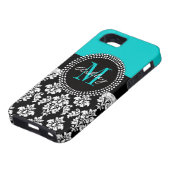 Girly Aqua Black Damask Your Monogram Name Case-Mate iPhone Case (Onderkant)
