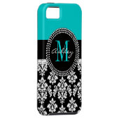 Girly Aqua Black Damask Your Monogram Name Case-Mate iPhone Case (Back/Rechts)