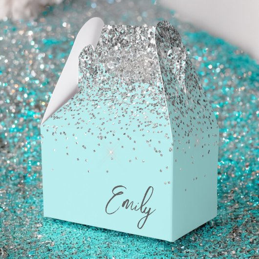Girly Aqua Blue Blauwgroen Silver Glitter Monogram Bedankdoosjes