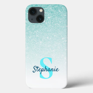 Girly Aqua Blue Glitter Ombre Monogram iPhone 13 Hoesje