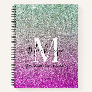 Girly Aqua Blue Pink Ombre Glitter Monogram Naam Notitieboek