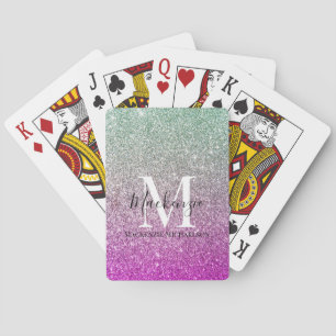 Girly Aqua Blue Pink Ombre Glitter Monogram Naam Pokerkaarten