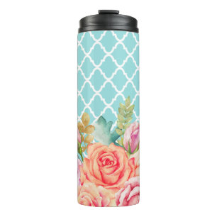 Girly Aqua Blue Quatrefoil Peach Roos Floral Thermosbeker
