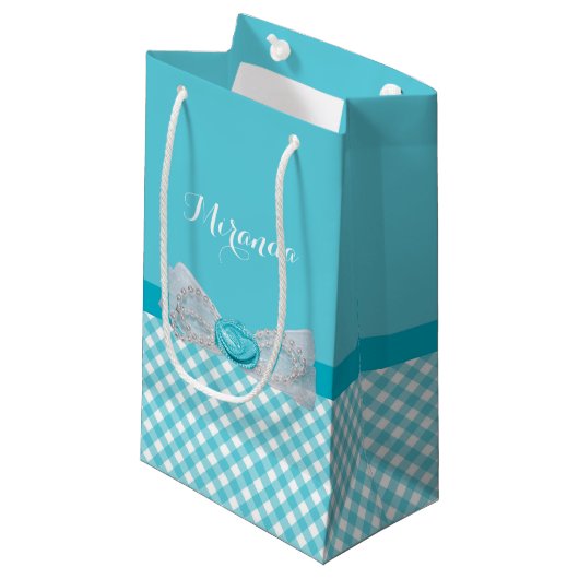 Girly Aqua Gingham Cute Pearls Roos Bow met naam Klein Cadeauzakje (Voorkant Gekanteld)