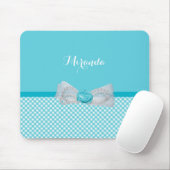 Girly Aqua Gingham Cute Pearls Roos Bow met naam Muismat (Met muis)
