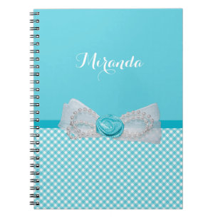 Girly Aqua Gingham Cute Pearls Roos Bow met naam Notitieboek