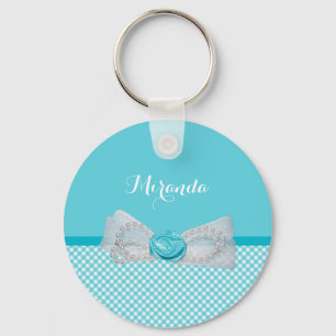 Girly Aqua Gingham Cute Pearls Roos Bow met naam Sleutelhanger
