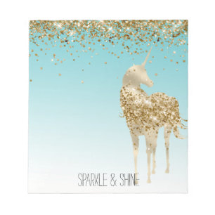 Girly Aqua Gold Confetti Glitter Unicorn Notitieblok