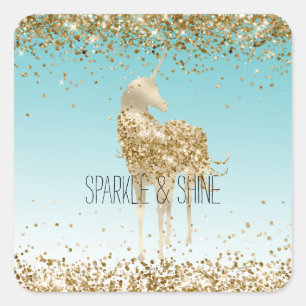 Girly Aqua Gold Confetti Glitter Unicorn Vierkante Sticker