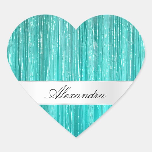 Girly Aqua Mint Glam Glitzy Tinsel Stripes Hart Sticker (Voorkant)