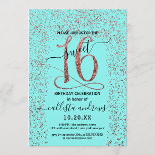 Girly Aqua Roos Gold Confetti Border Sweet 16 Kaart