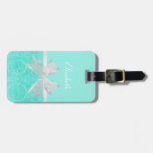 Girly Aqua Turquoise Damask White Ribbon met naam Bagagelabel (Voorkant horizontaal)