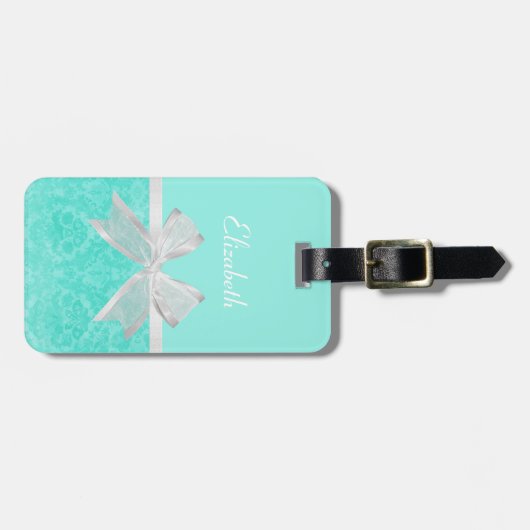 Girly Aqua Turquoise Damask White Ribbon met naam Bagagelabel (Voorkant horizontaal)