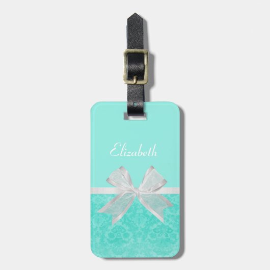 Girly Aqua Turquoise Damask White Ribbon met naam Bagagelabel (Voorkant verticaal)